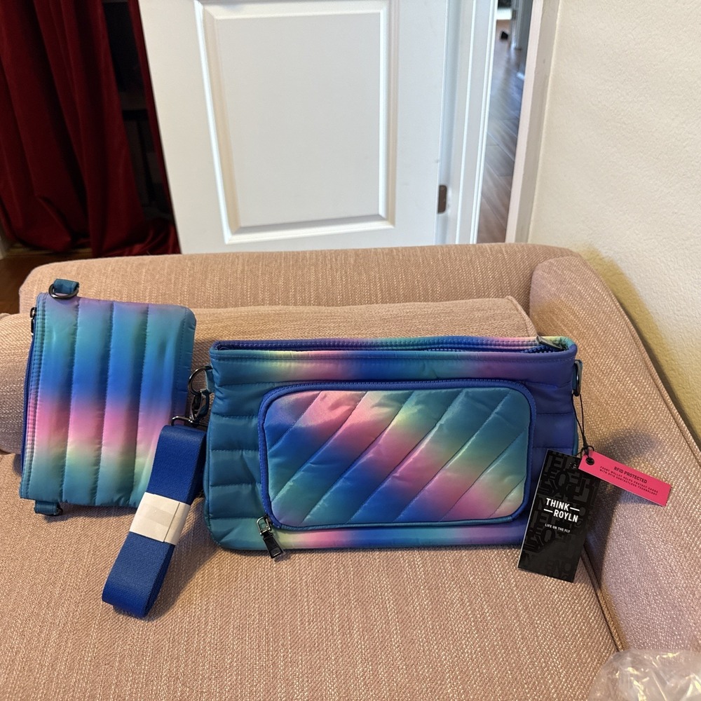 Think Royln‎ Bank Street XL Crossbody w/Pouch Blue Lagoon Ombre Quilted RFID
